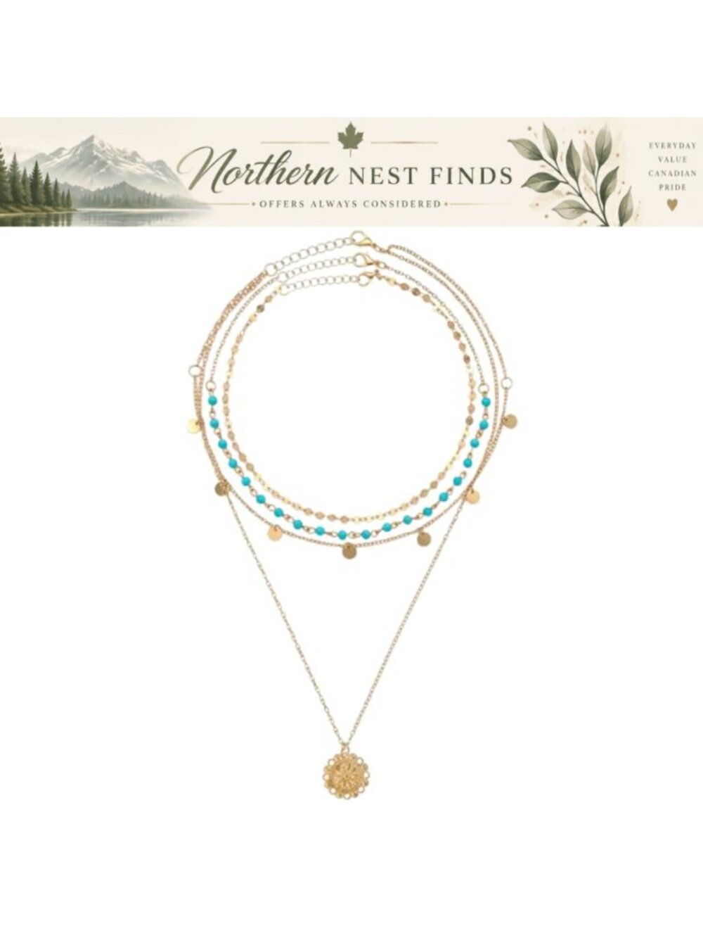 Gold Layered Turquoise Necklace Set Boho Long Coin Pendant Choker